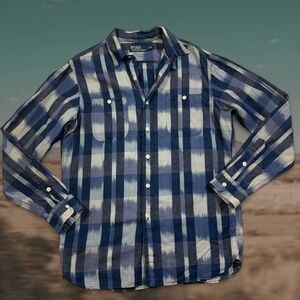 Y2K 2000s Aztec Ralph Lauren Linen Blend Button-Down Shirt